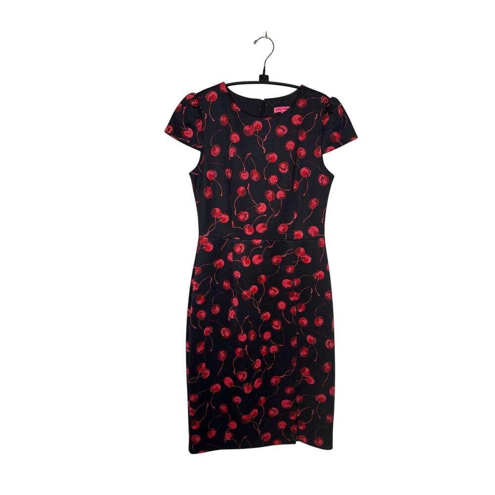 Betsey Johnson Cherry Print Midi Sheath Dress EUC Sz 8 Stretchy Black Red